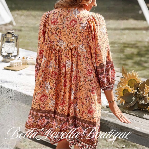 Boho Orange & Pink Floral V-Neck Peasant Dress - Picture 4 of 6